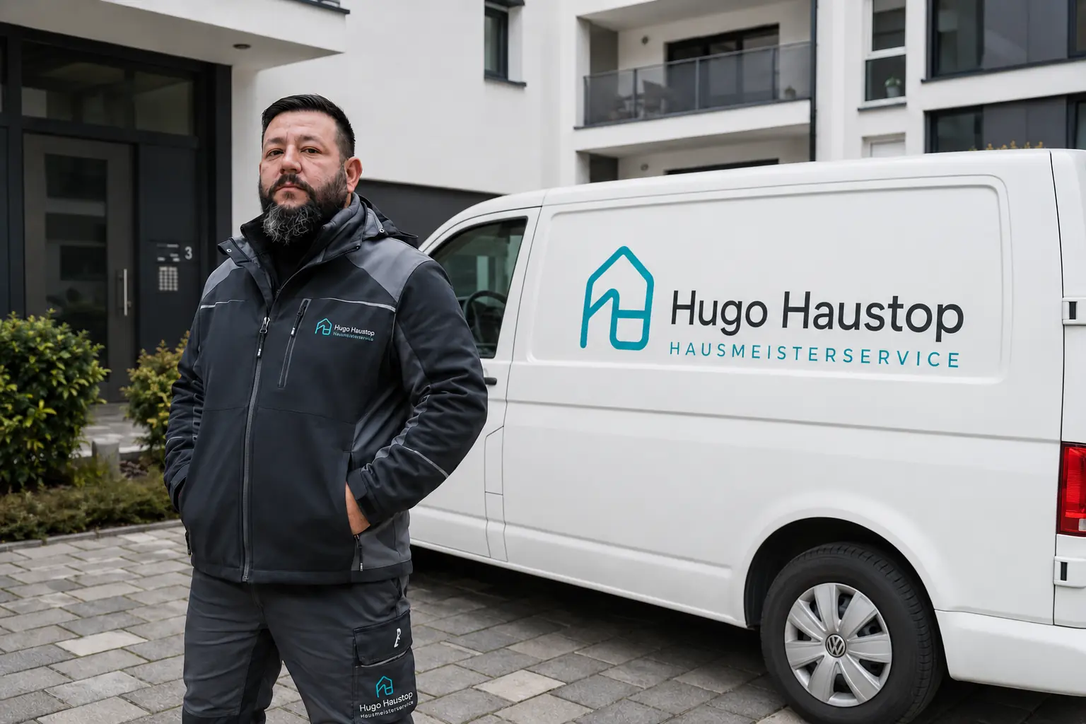 Hukar Khalil neben einem weißen Hugo-Haustop-Servicefahrzeug.