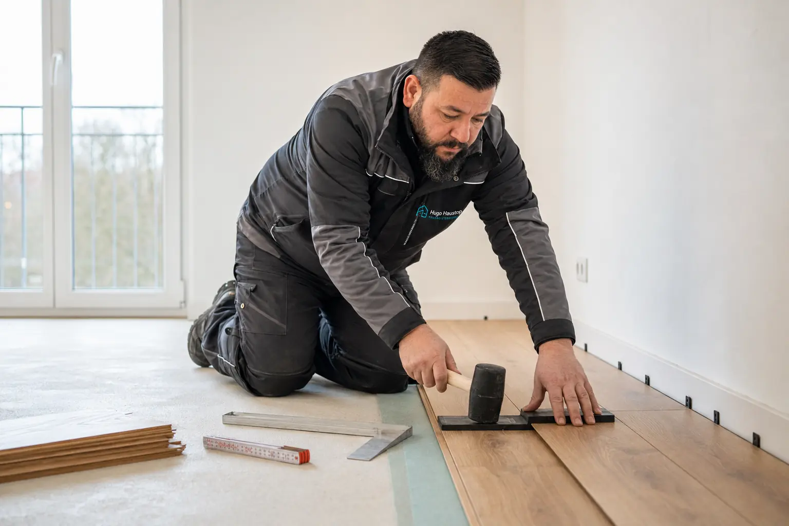 Handwerker bei der präzisen Verlegung von Laminatboden.