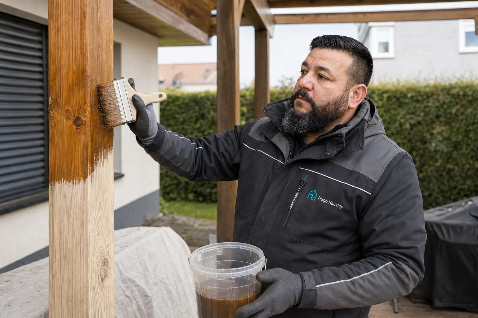 Handwerker trägt Holzschutz auf einen Balken auf.