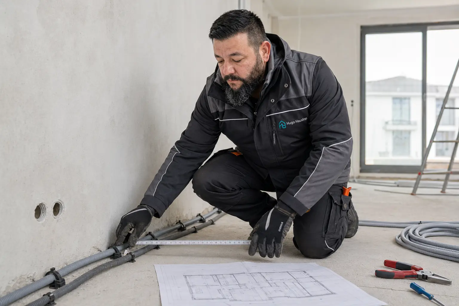 Handwerker verlegt Schutzrohre und Leitungen im Baustellenbereich.