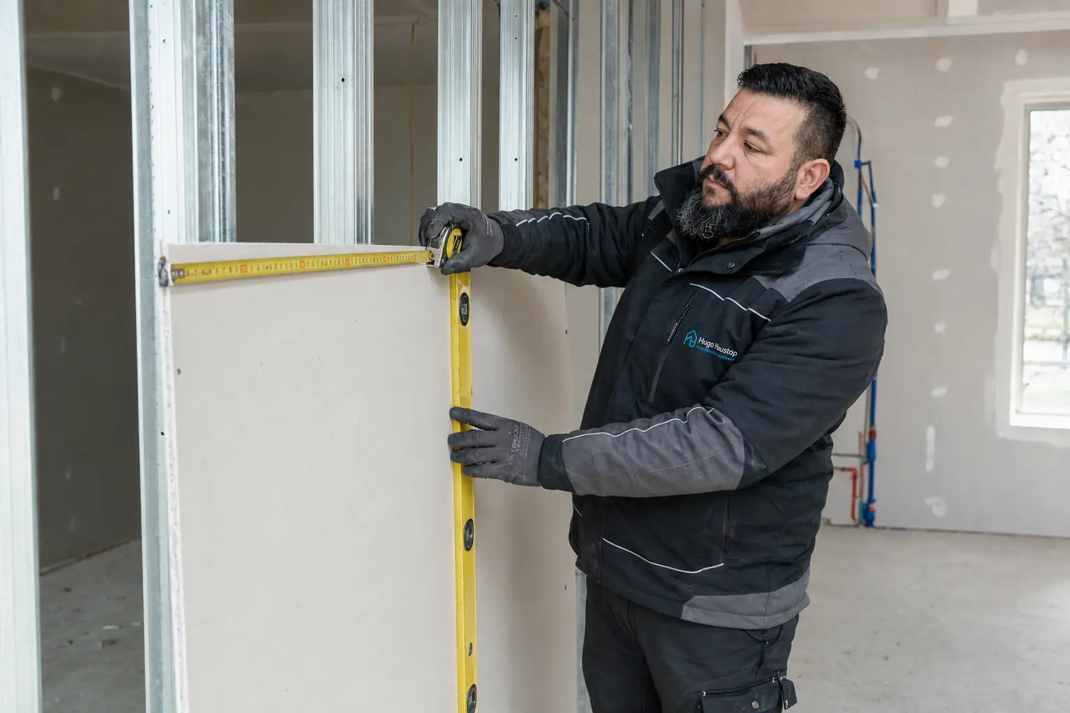 Hukar Khalil bei präzisen Trockenbauarbeiten in einem Innenraum.